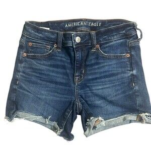American Eagle Women's Jean Shorts High Rise Shortie AE Stretch Dark Wash Midi 0